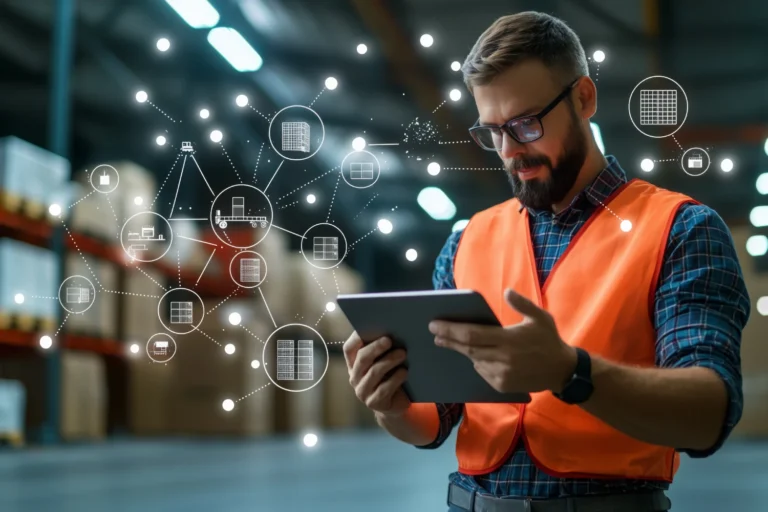 Gerente com um tablet digital ao lado de mercadorias de galpão logístico, ilustrando a tendência logística no setor.